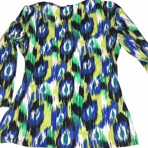 PECK & PECK Womens SMALL Blue, Green White Faux Wrap Front 3/4 Sleeve Blouse Top